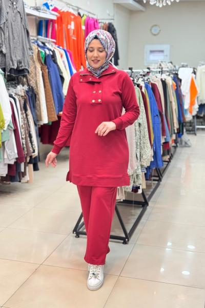 AKAY YAKA DÜĞMELİ TAKIM Bordo