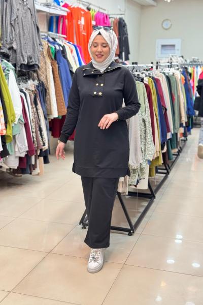 AKAY YAKA DÜĞMELİ TAKIM Siyah