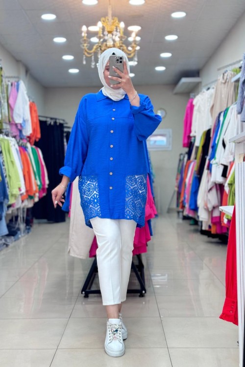 altı dantel detaylı tunik Mavi