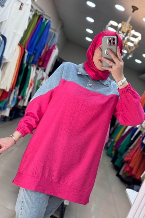 Altı Keten Üstü Kot Tunik Pembe