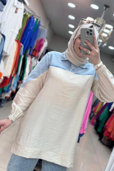 Altı Keten Üstü Kot Tunik Bej