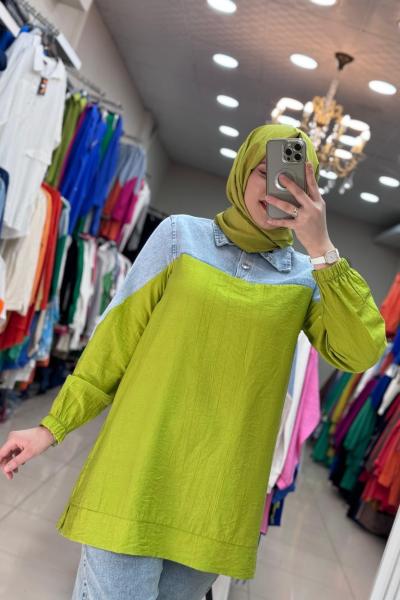 Altı Keten Üstü Kot Tunik Yağ Yeşili