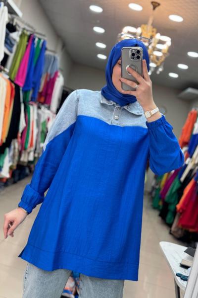 Altı Keten Üstü Kot Tunik Mavi