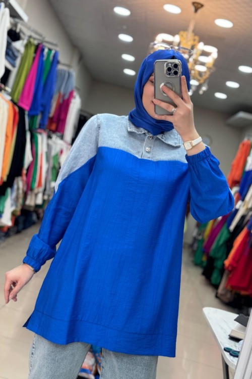 Altı Keten Üstü Kot Tunik Mavi