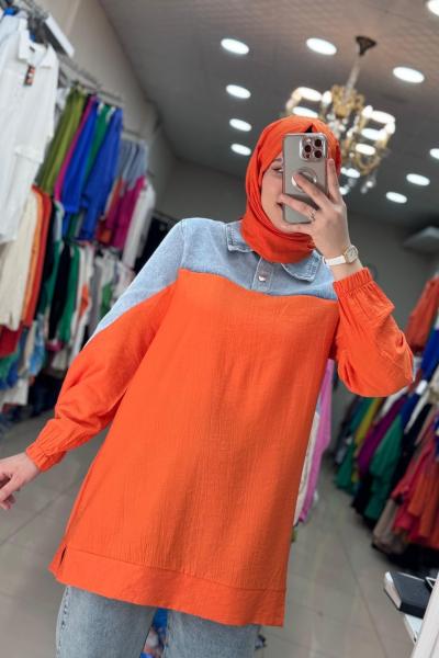 Altı Keten Üstü Kot Tunik Turuncu