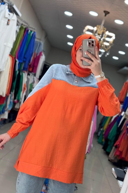 Altı Keten Üstü Kot Tunik Turuncu