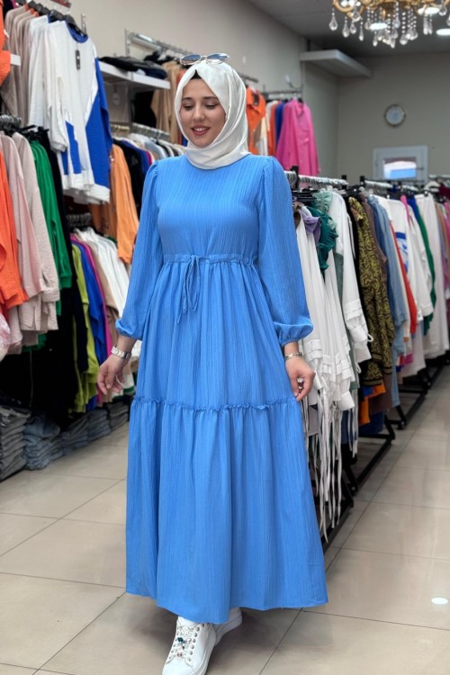BEL BÜZGÜLÜ BÜRÜMCÜK ELBİSE  Mavi