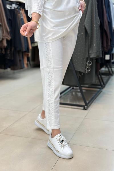 Boydan Taşlı  Pantolon Beyaz