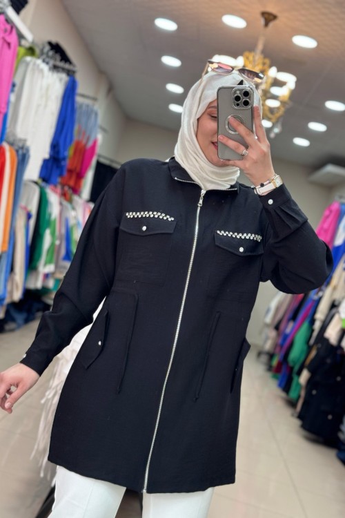 Cebi İşlemeli Keten Ceket Siyah