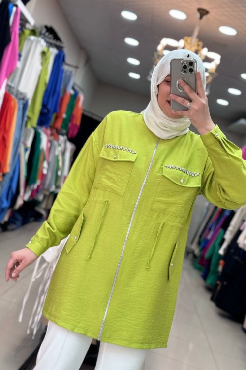 Cebi İşlemeli Keten Ceket Yağ Yeşili