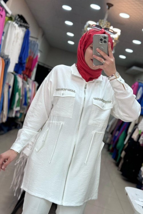 Cebi İşlemeli Keten Ceket Beyaz