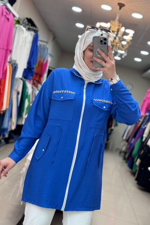 Cebi İşlemeli Keten Ceket Mavi