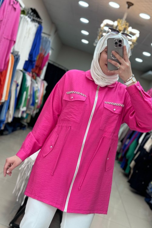 Cebi İşlemeli Keten Ceket Pembe