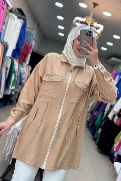 Cebi İşlemeli Keten Ceket Camel