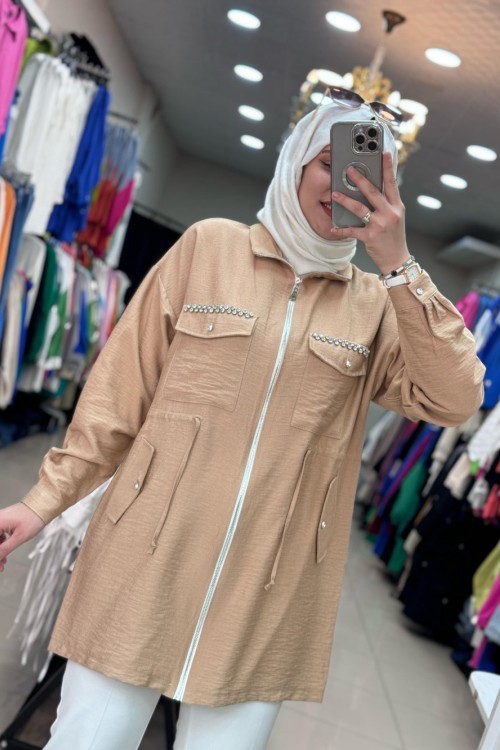 Cebi İşlemeli Keten Ceket Camel