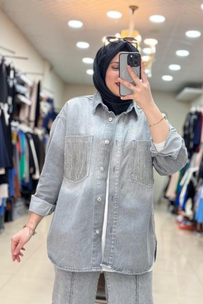 CEBİ TAŞ İŞLEMELİ KOT CEKET Füme