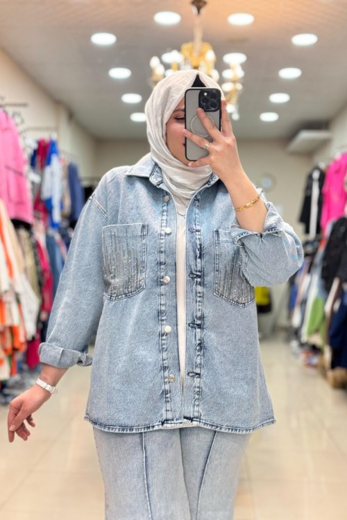 CEBİ TAŞ İŞLEMELİ KOT CEKET Mavi