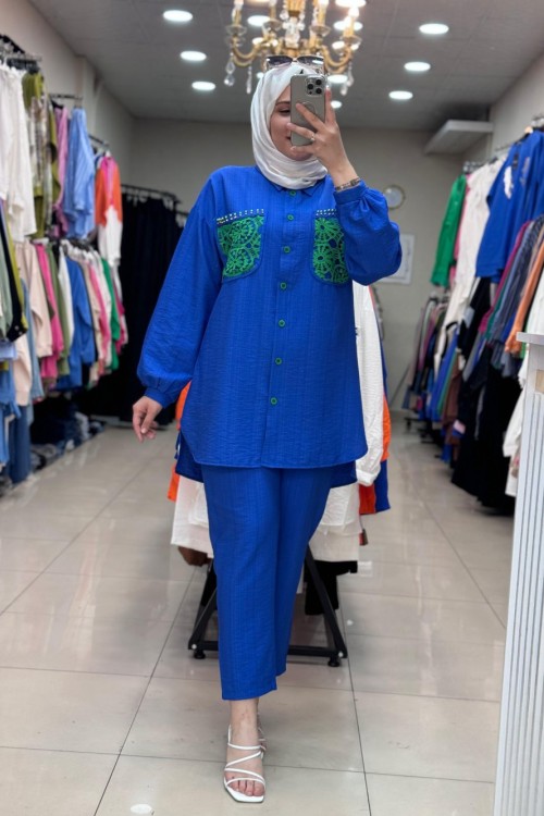 CEPLERİ DANTEL  NAKIŞLI TAKIM  Saks Mavisi