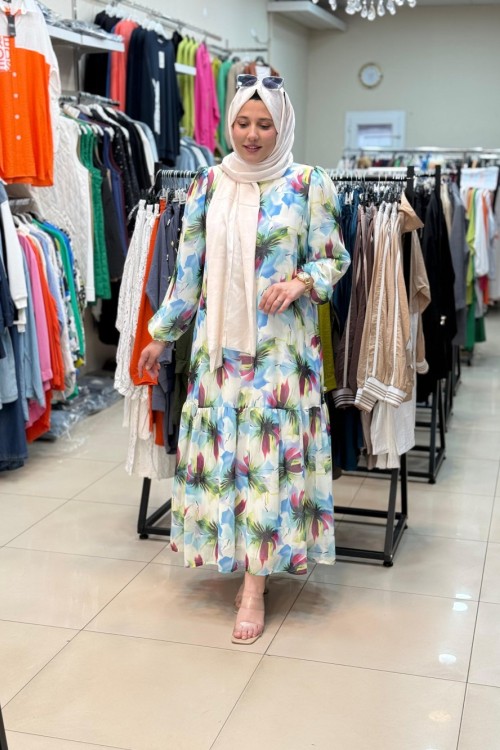 Çiçekli Şifon Elbise Mavi