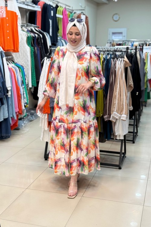 Çiçekli Şifon Elbise Turuncu