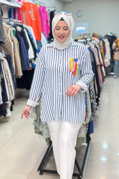 ÇİZGİLİ VE ARKASI DESENLİ GÖMLEK  Mavi