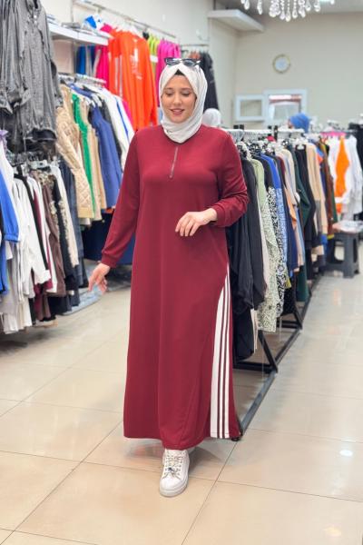 ÇİZGİLİ ELBİSE Bordo