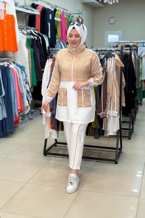 ÇİZGİLİ BASİC TAKIM Bej