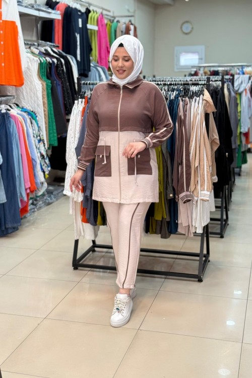 ÇİZGİLİ BASİC TAKIM Kahverengi