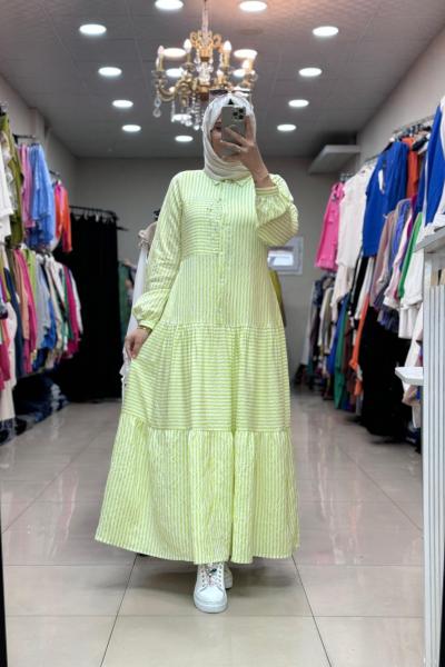 ÇİZGİLİ ELBİSE Yağ Yeşili