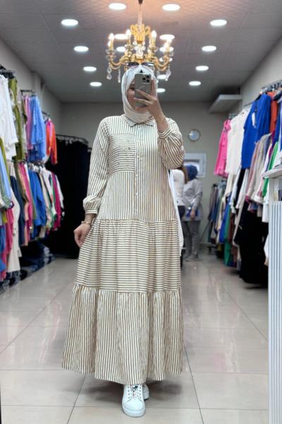 ÇİZGİLİ ELBİSE Vizon