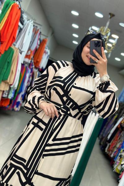 Çizgili Elbise Ekru Taba