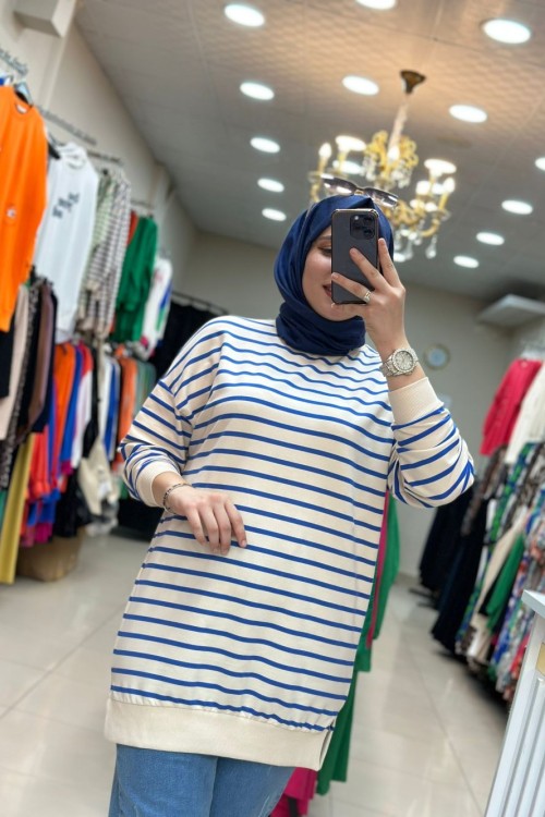 Çizgili Sweat Mavi Mavi