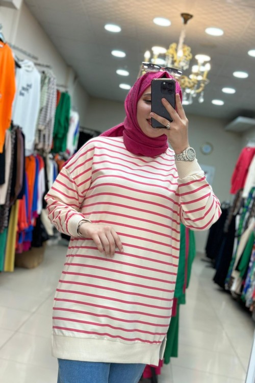 Çizgili Sweat Pembe Pembe