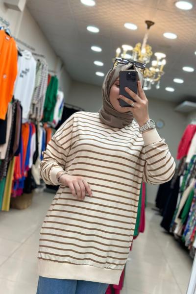 Çizgili Sweat Kahve Kahverengi