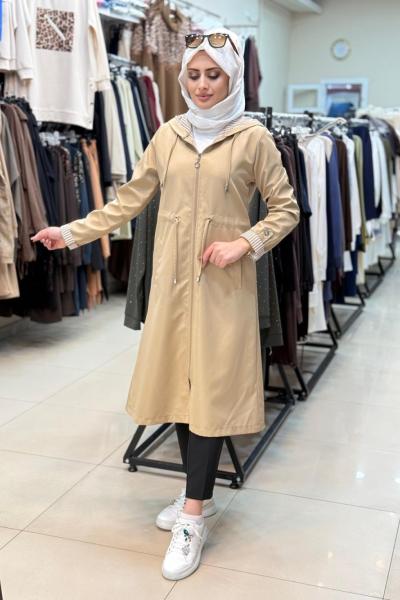 Çizglili Trençkot Taş Rengi