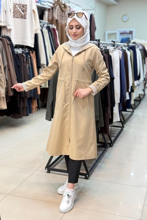 Çizglili Trençkot Taş Rengi