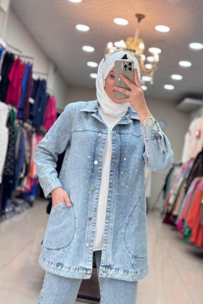 DAĞINIK TAŞLI KOT CEKET BUZ MAVİ