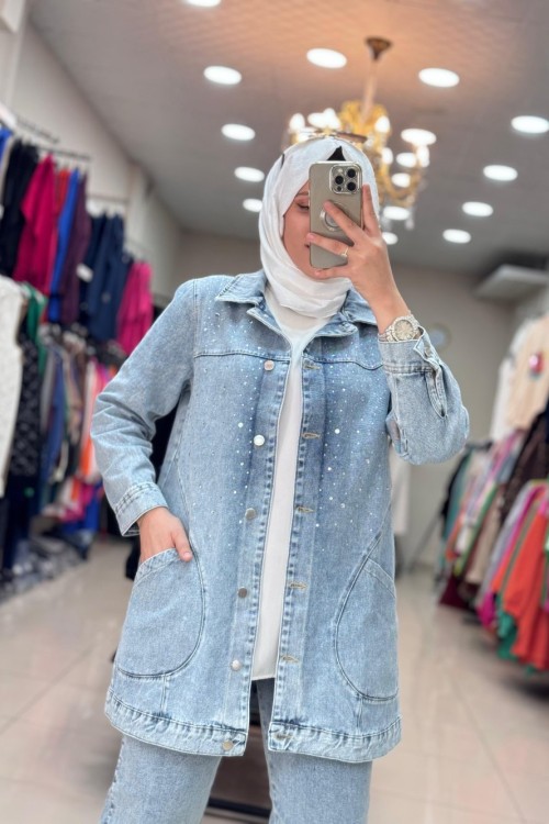 DAĞINIK TAŞLI KOT CEKET BUZ MAVİ