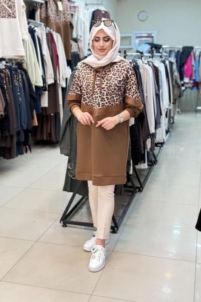 Deri Şeritli Leoparlı SweatShirt Kahverengi