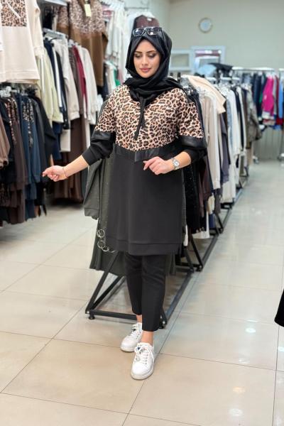 Deri Şeritli Leoparlı SweatShirt Siyah