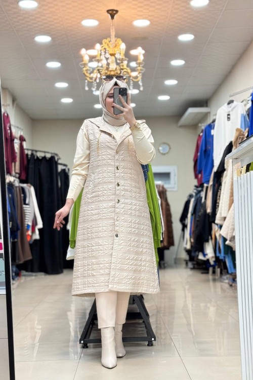 DÜĞMELİ KAPİTONE UZUN YELEK Taş Rengi