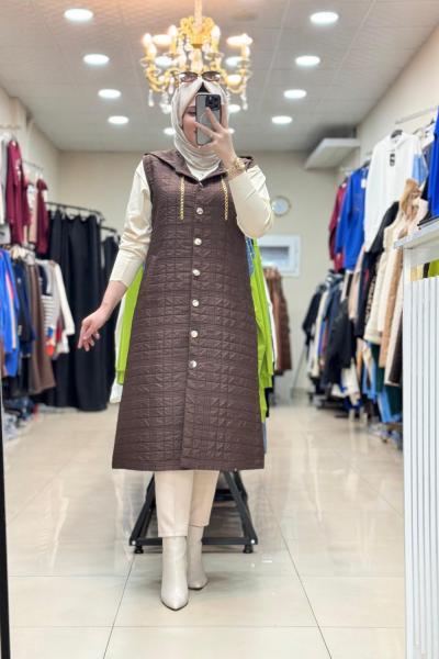 DÜĞMELİ KAPİTONE UZUN YELEK Kahverengi