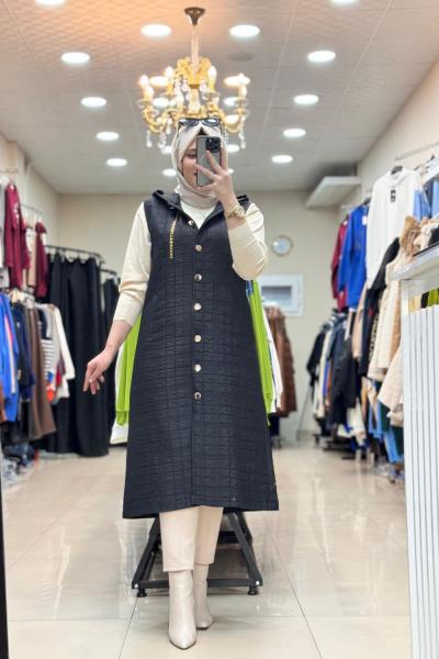 DÜĞMELİ KAPİTONE UZUN YELEK Siyah