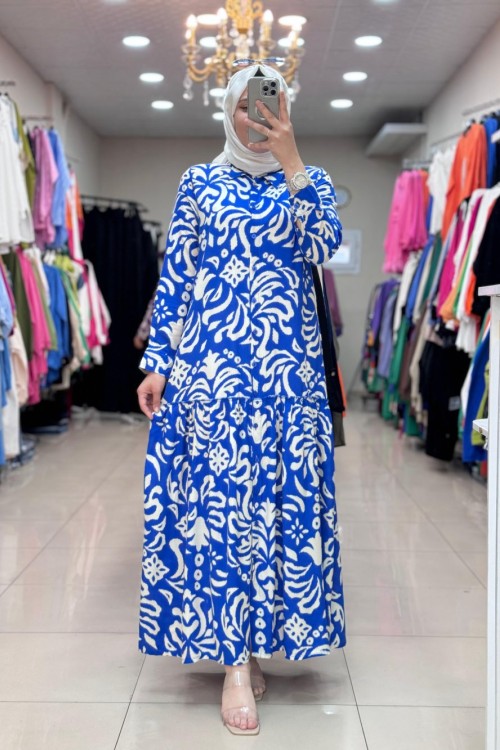 DÜĞMELİ ELBİSE Mavi