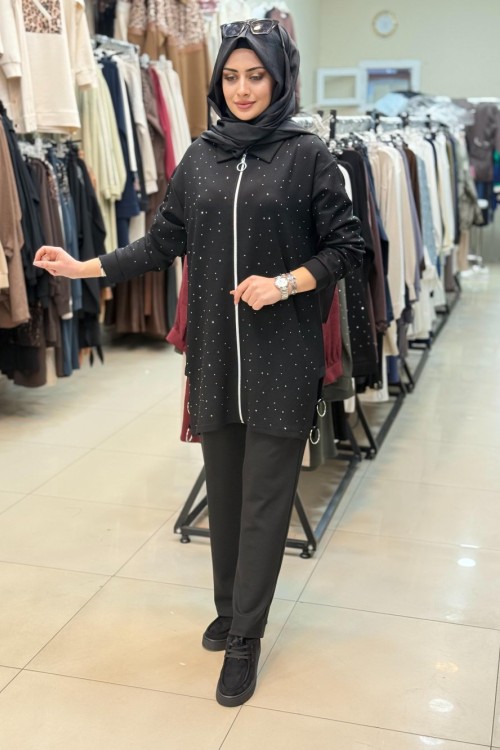 Fermuarlı Simli Halka Detaylı Takım Siyah