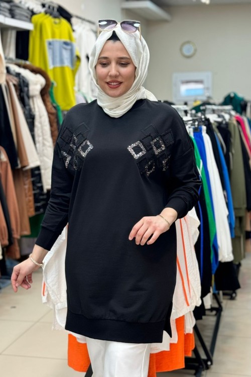 İki Yanı Baklava Desenli Tunik Siyah  Siyah