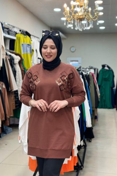 İki Yanı Baklava Desenli Tunik Kahve  Kahverengi