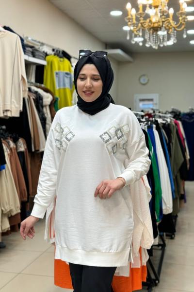 İki Yanı Baklava Desenli Tunik Ekru  Ekru