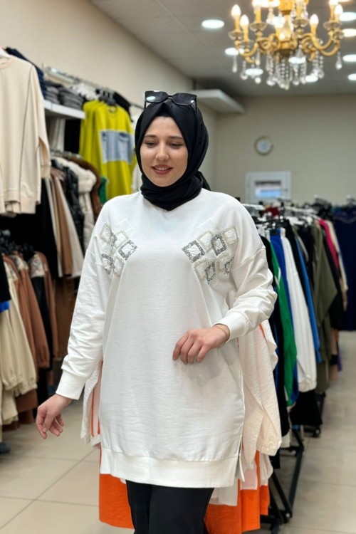 İki Yanı Baklava Desenli Tunik Ekru  Ekru