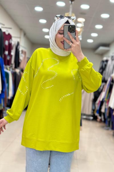 İKOLL TAŞ DETAYLI SWEATSHIRT Yağ Yeşili